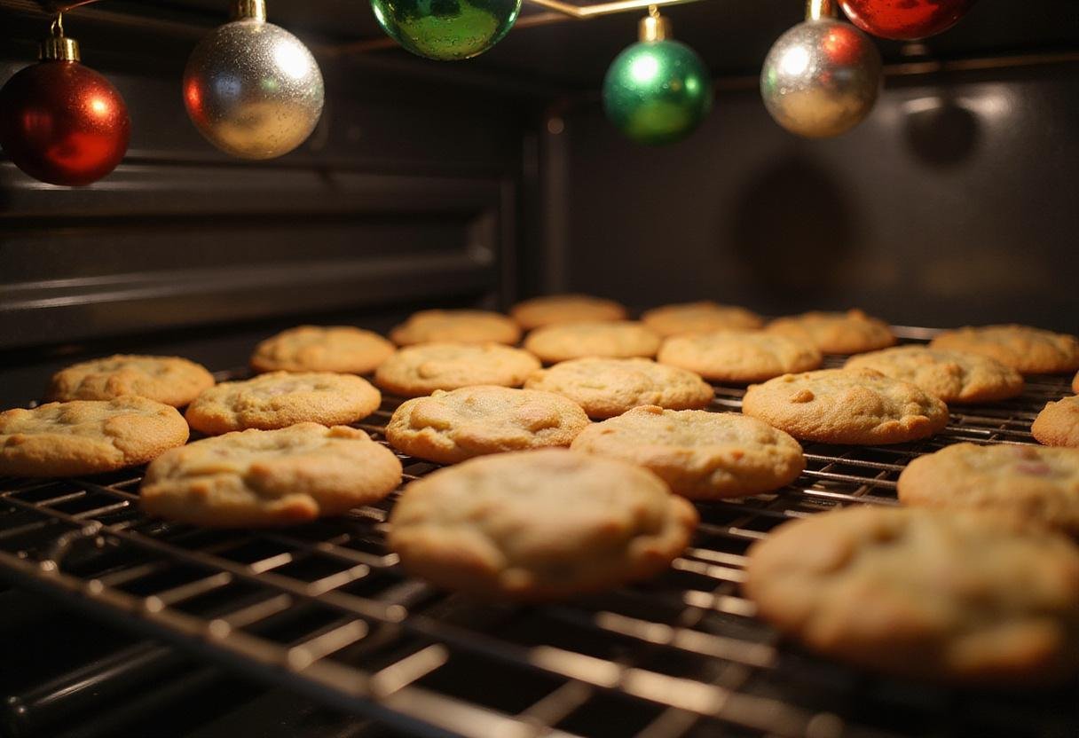 Perfectly baked Angela's Christmas Cookies cooling on a rack in a beautifully decorated kitchen for the holidays.
