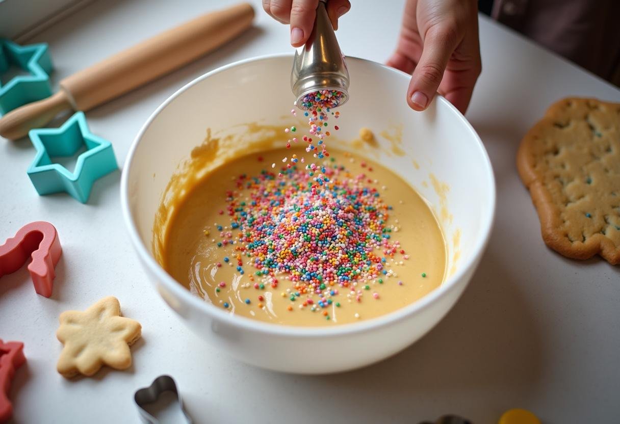 Sprinkles being mixed into the dough for Angela's Sugar Cookies for extra festive flavor.