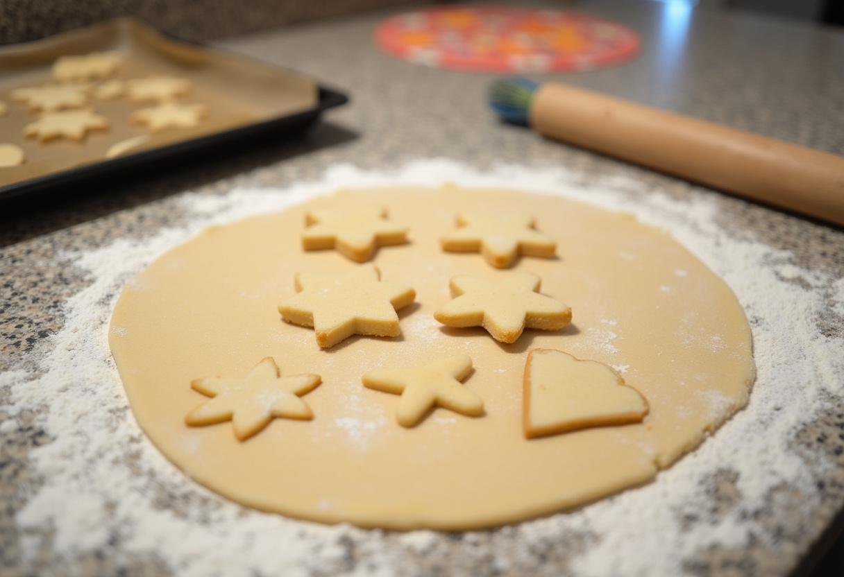 Cutting cookie shapes from dough for Angela's Sugar Cookies ready for baking.