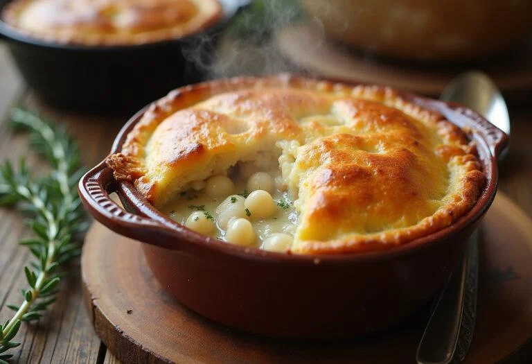 Delicious and golden-brown Office Chicken Pot Pie displayed on a rustic table, inviting and perfect for serving.