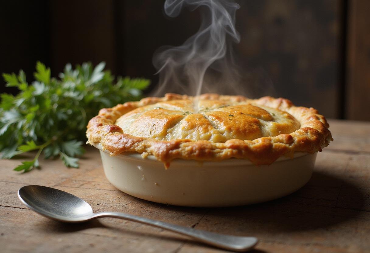 Delicious and golden-brown Office Chicken Pot Pie displayed on a rustic table, inviting and perfect for serving.
