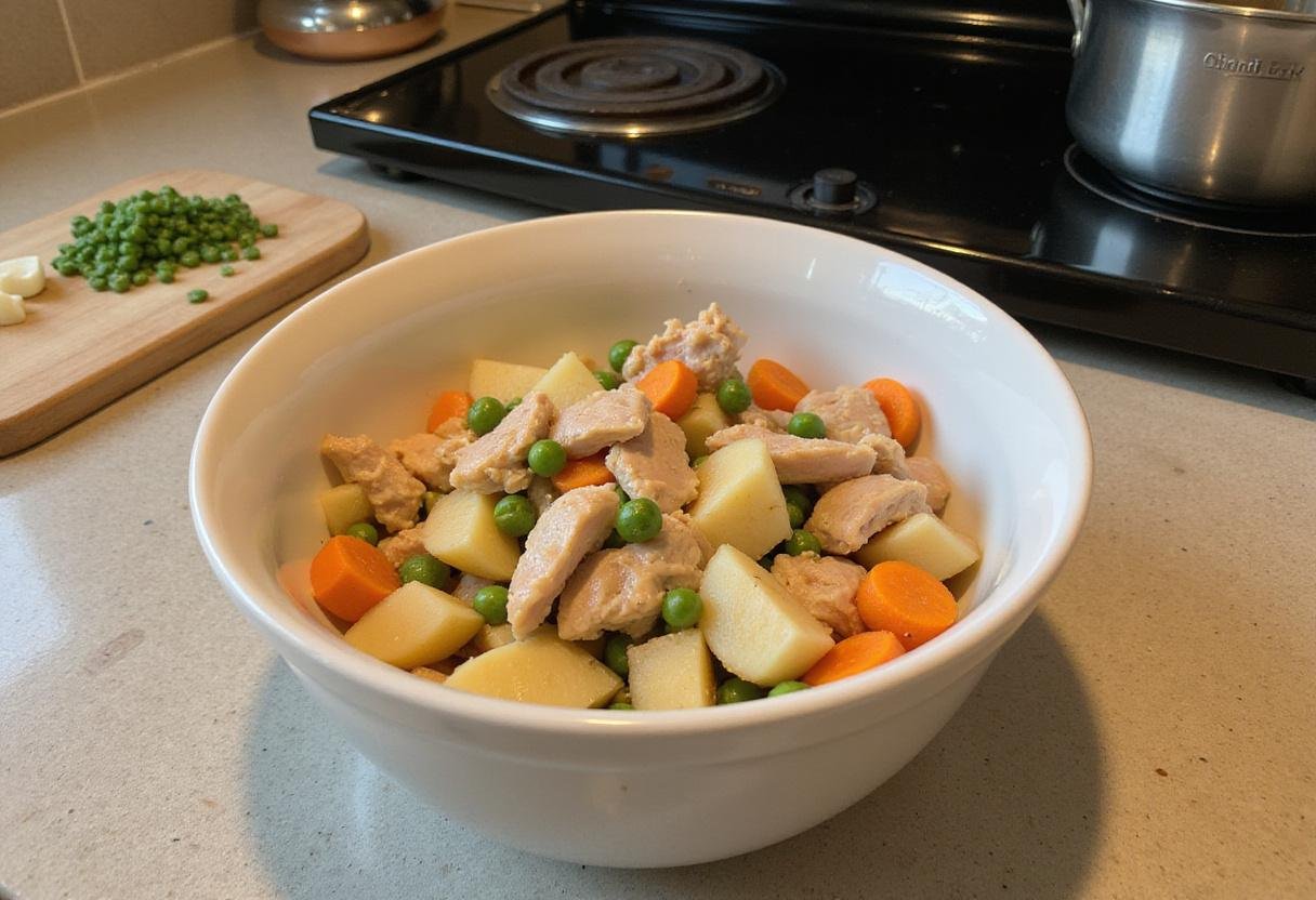 Diced chicken and vegetables for The Office Chicken Pot Pie ready to be mixed in a bowl, showcasing fresh ingredients.
