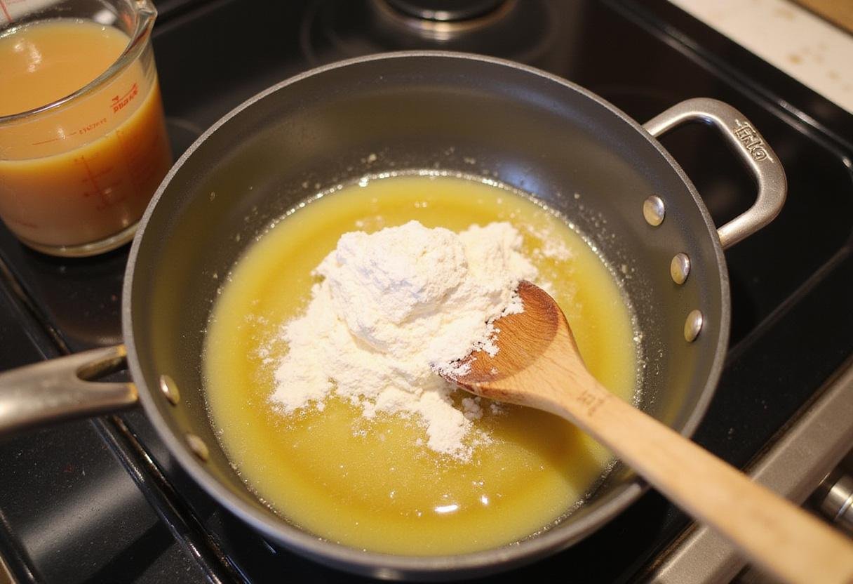 Making the roux for Chicken Pot Pie with butter and flour, an essential step for a creamy filling.