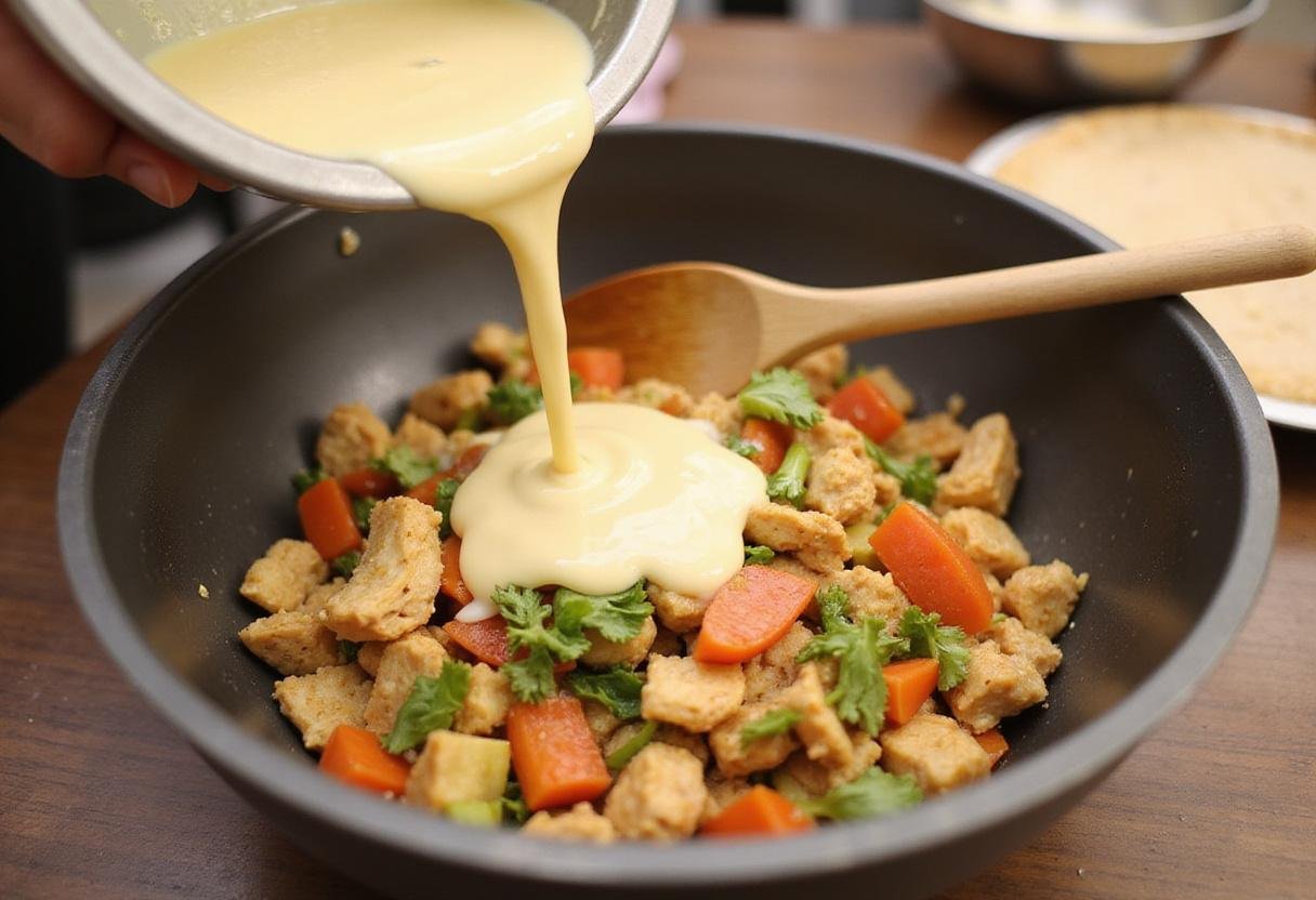Combining creamy sauce with chicken and vegetables for the filling of The Office Chicken Pot Pie, highlighting the rich texture.