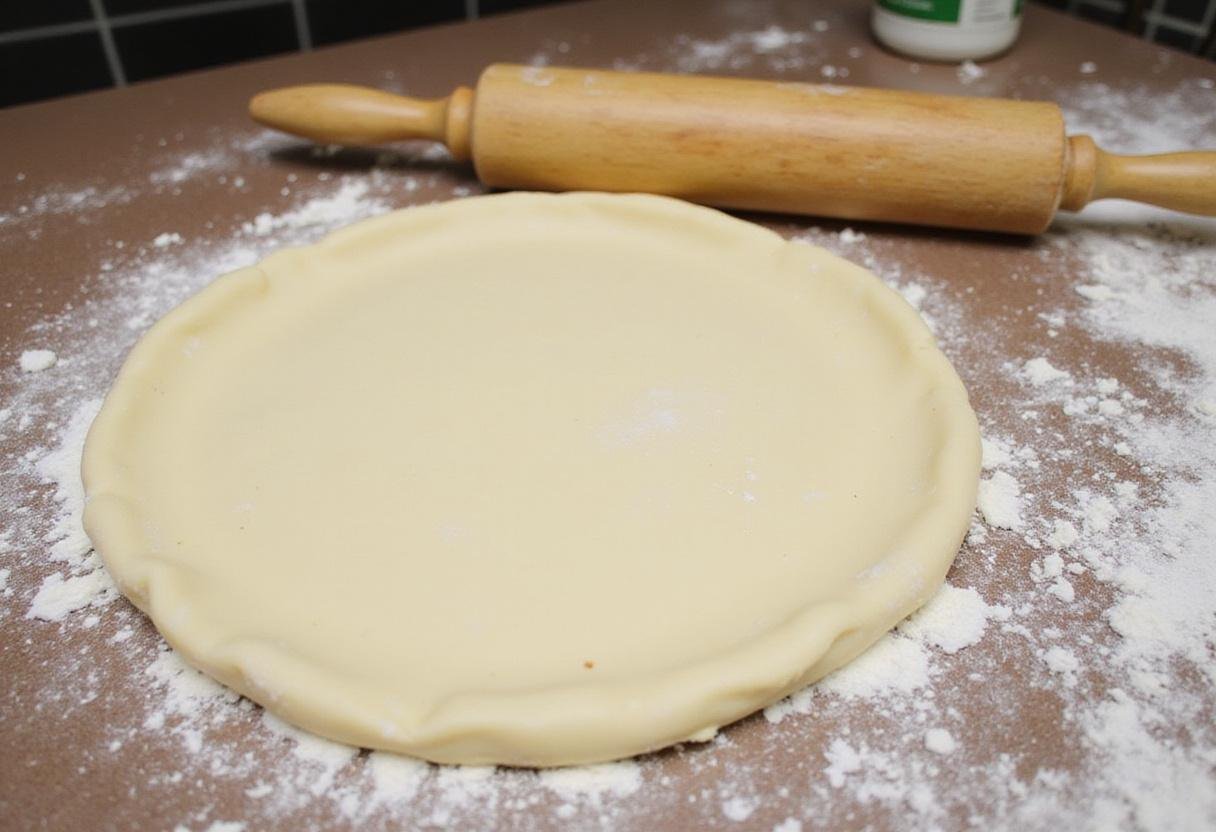Rolling out pastry dough for Chicken Pot Pie crust, an important step for a flaky outer layer.