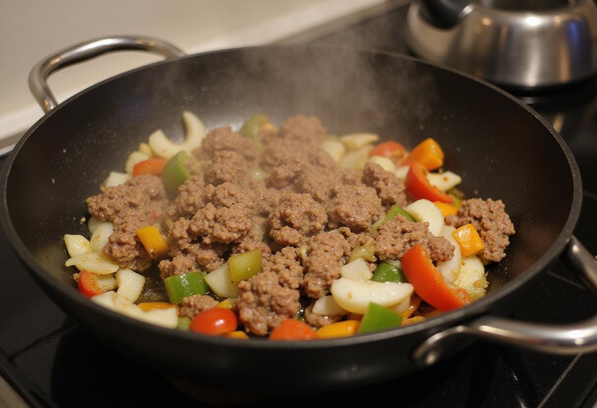 Cooking onions, bell peppers, and ground beef for Kevin's Famous Chili on the stovetop for a delicious flavor.