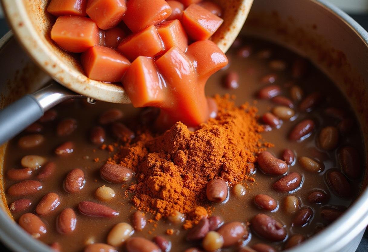 Adding diced tomatoes, kidney beans, and chili powder for Kevin's famous chili recipe, ensuring rich flavors in the hearty dish.