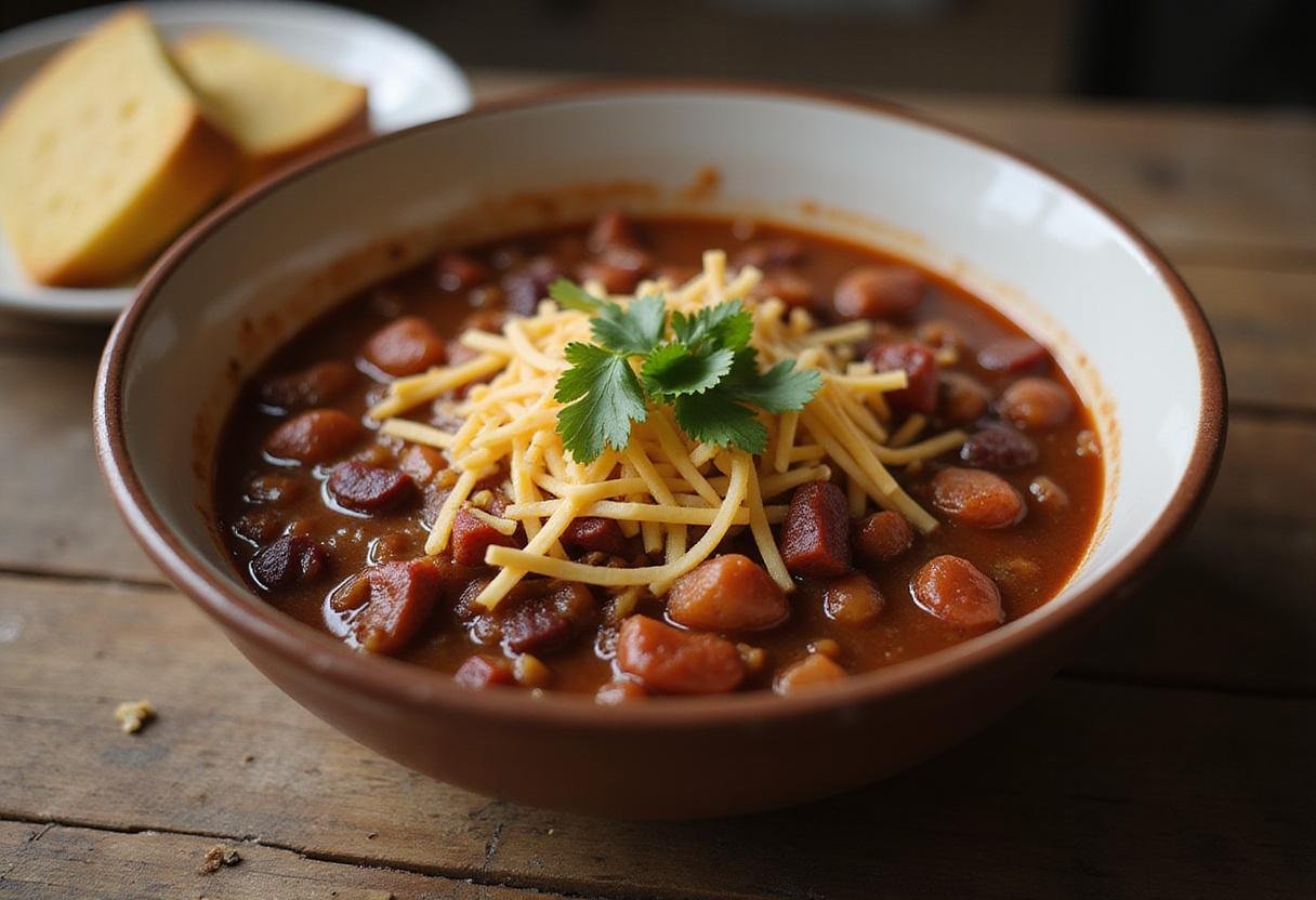Serving Kevin's Famous Chili in a bowl, garnished with cheese and cilantro, ready to enjoy with a side of cornbread for a comforting meal.