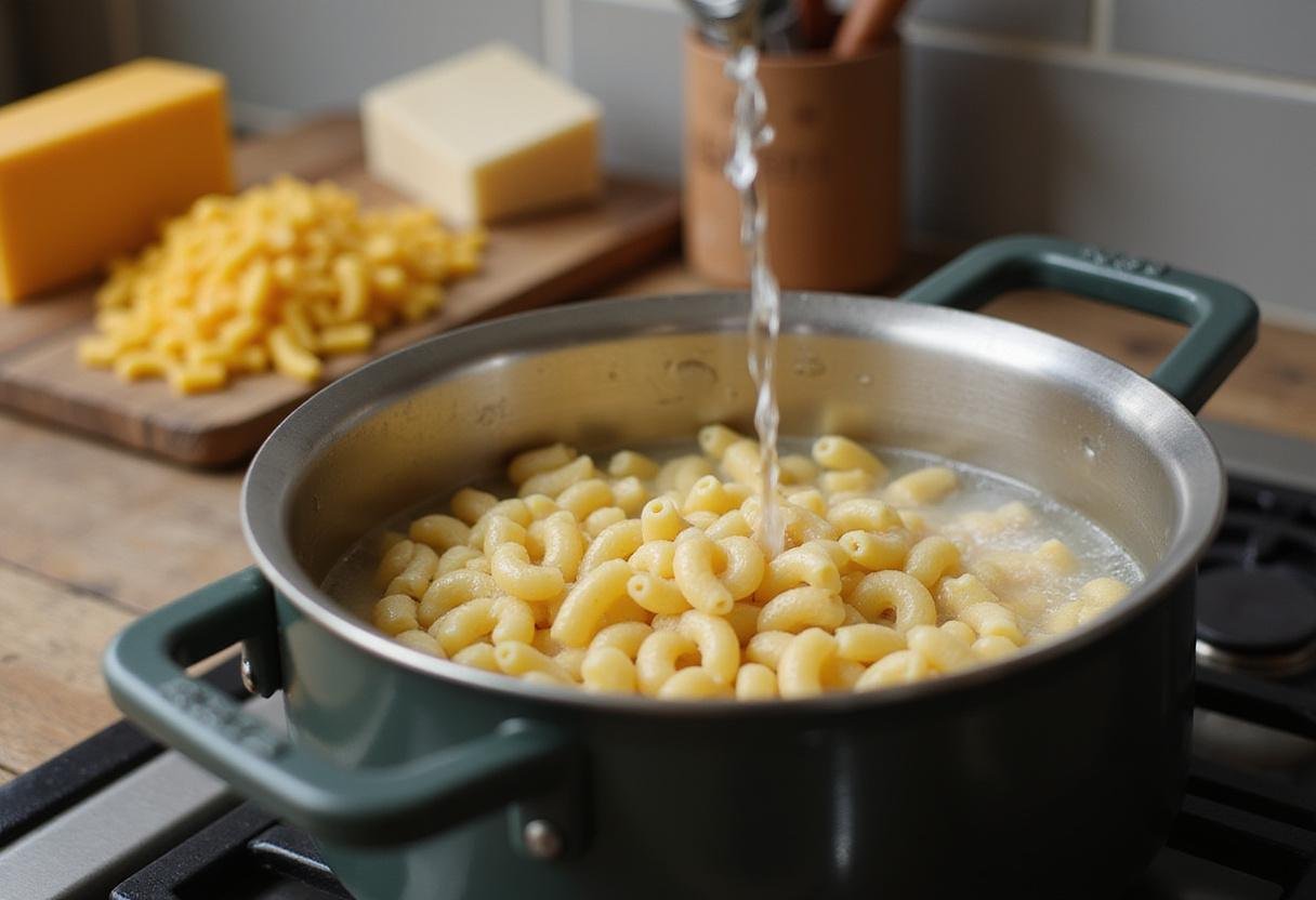 Boiling water for The Office Mac and Cheese preparation, featuring pasta ingredients in the background.