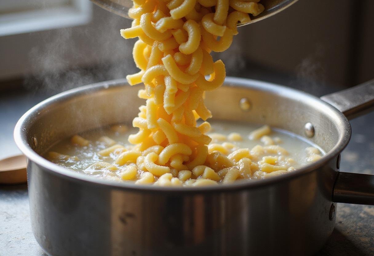 Adding elbow macaroni to boiling water, a crucial step for creating The Office Mac and Cheese.
