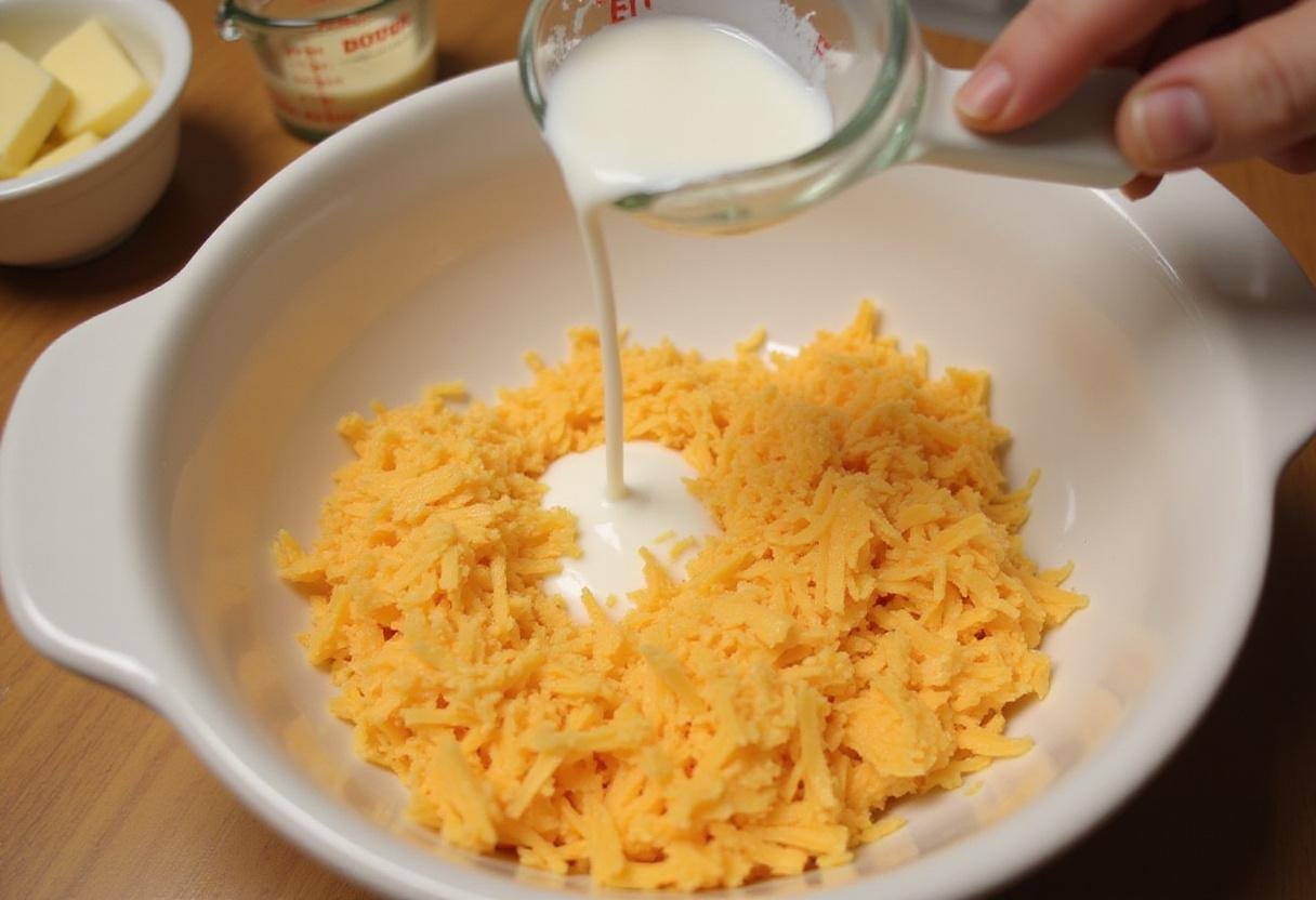 Mixing shredded cheese with milk and butter for a creamy sauce in The Office Mac and Cheese recipe.