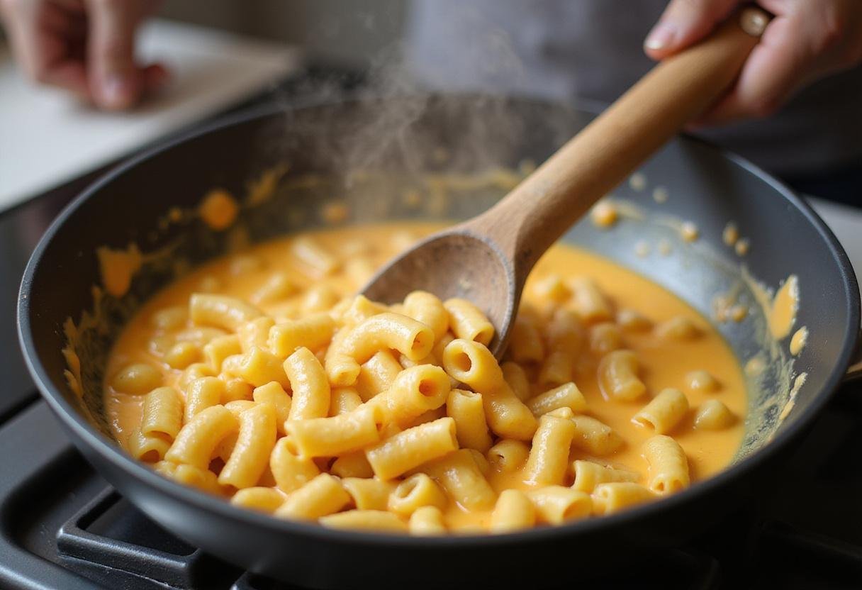 Combining macaroni with the creamy cheese sauce, a vital step for The Office Mac and Cheese.