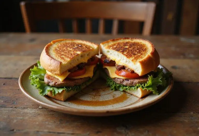 Final presentation of The Office Michael’s Grilled Foot Sandwich, showcasing its layers and served on a rustic plate in a cozy dining setting.