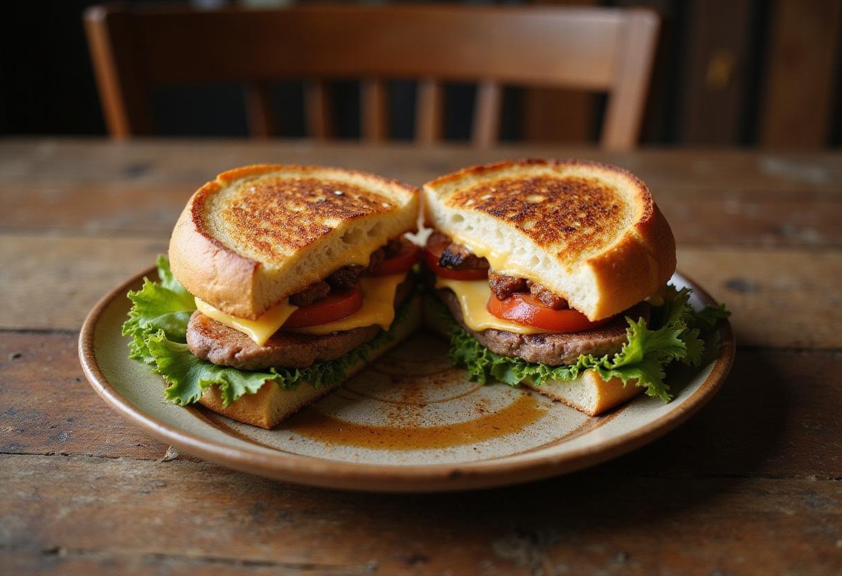 Final presentation of The Office Michael’s Grilled Foot Sandwich, showcasing its layers and served on a rustic plate in a cozy dining setting.
