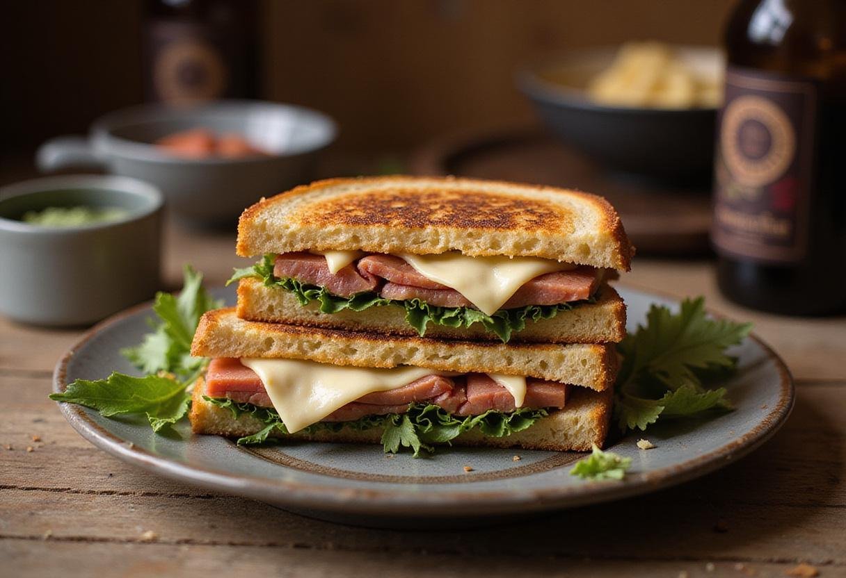 Final presentation of The Office Michael’s Grilled Foot Sandwich, showcasing its layers and served on a rustic plate in a cozy dining setting.