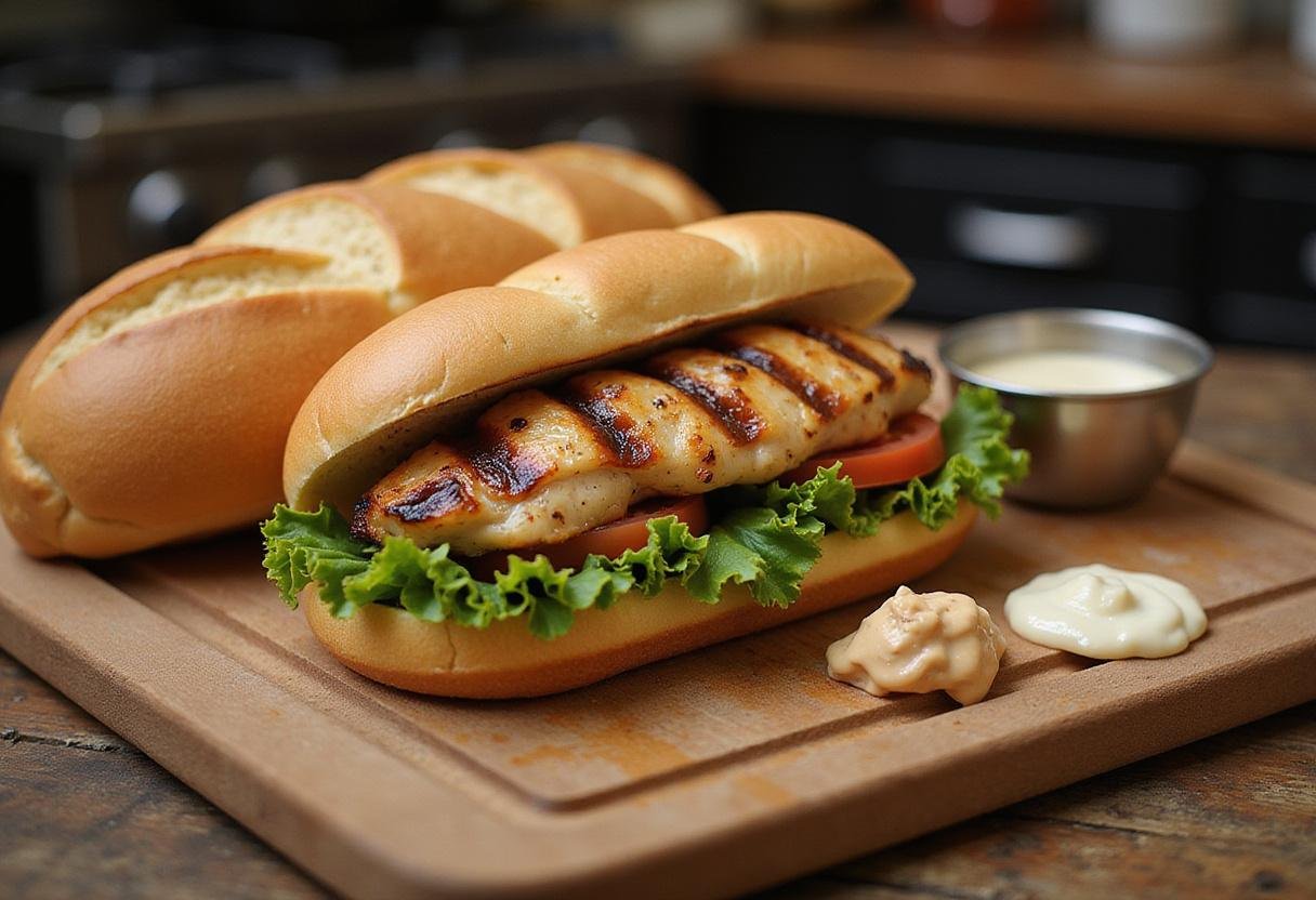 Fresh ingredients for The Office Michael's Grilled Foot Sandwich, including bread, grilled chicken, lettuce, tomatoes, and sauce displayed attractively in a rustic kitchen.