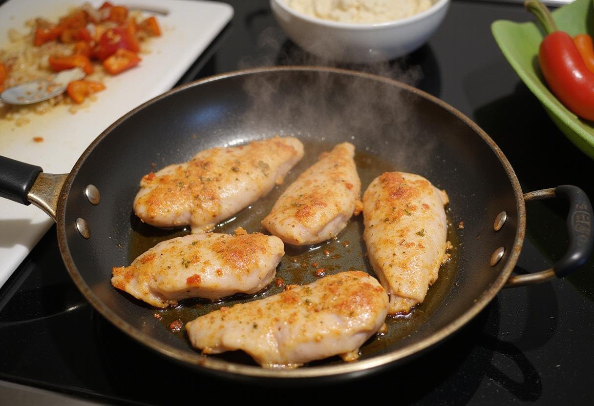 Cooking the chicken fillets for The Office Michael's Grilled Foot Sandwich in a frying pan, with onions and peppers diced on a cutting board nearby.
