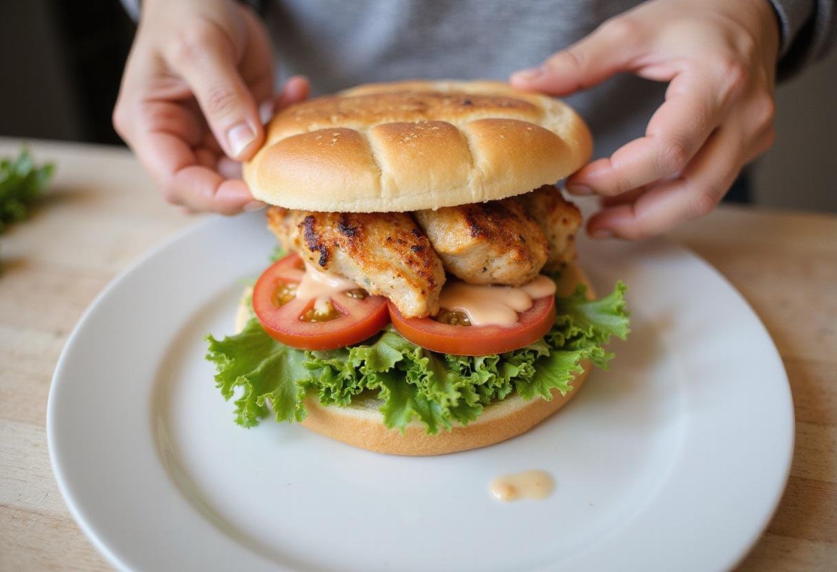 Assembling Michael’s Grilled Foot Sandwich with layers of grilled chicken, lettuce, and tomatoes on toasted bread on a plate.