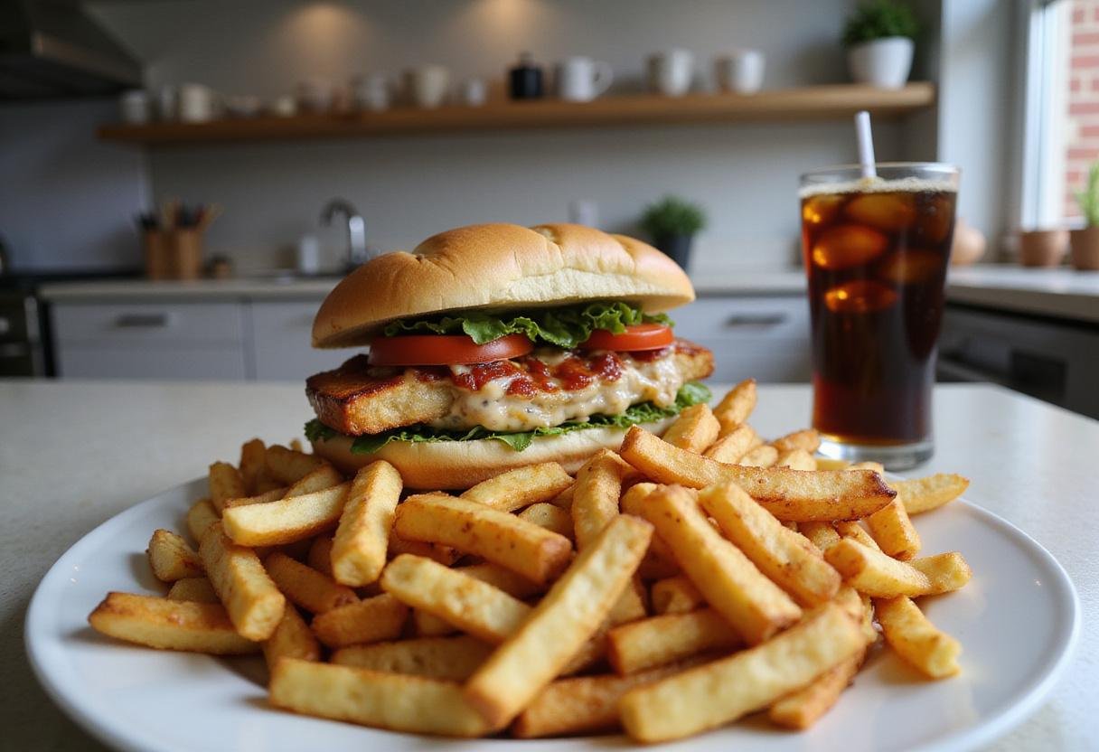 The Office Michael's Grilled Foot Sandwich served with crispy fries and a glass of soda on a clean kitchen counter.