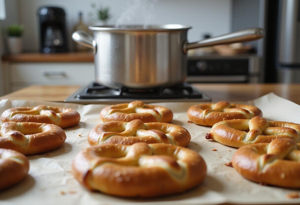Shaping and preparing pretzels for boiling in The Office Pretzel Day Pretzels recipe, capturing the anticipation of baking.