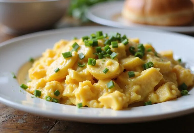 Final presentation of The Office Scrambled Eggs, featuring fluffy eggs garnished with chives in a bright, inviting setting.