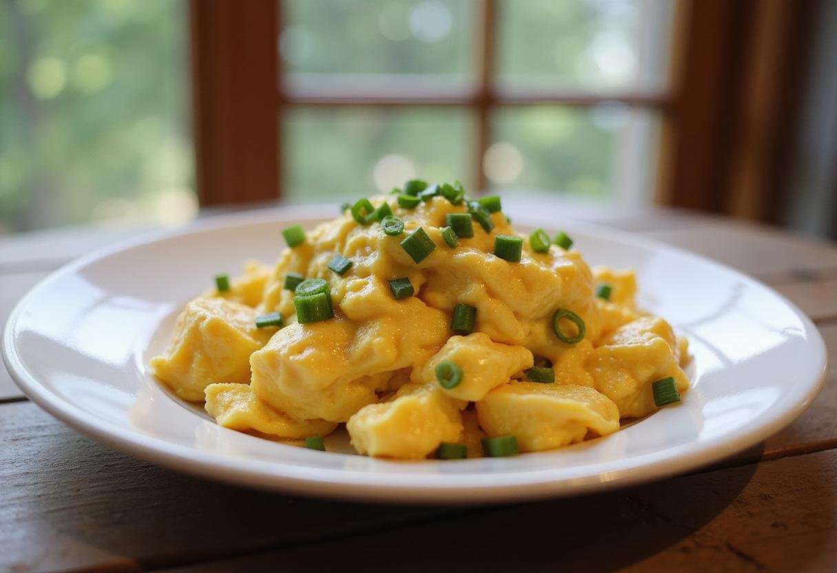 Final presentation of The Office Scrambled Eggs, featuring fluffy eggs garnished with chives in a bright, inviting setting.