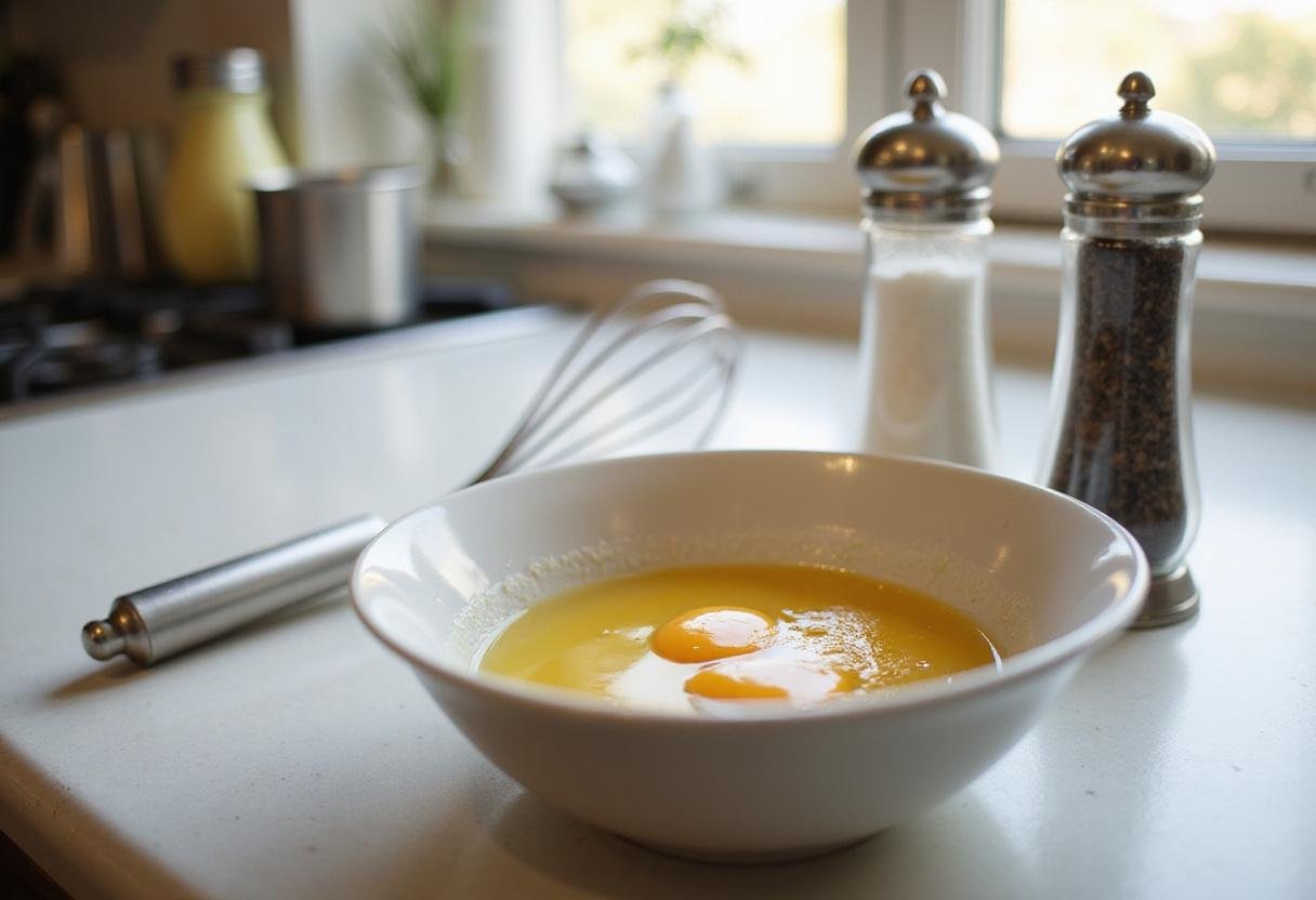 Fresh eggs on a kitchen counter for scrambled eggs preparation, ideal for The Office Scrambled Eggs recipe.