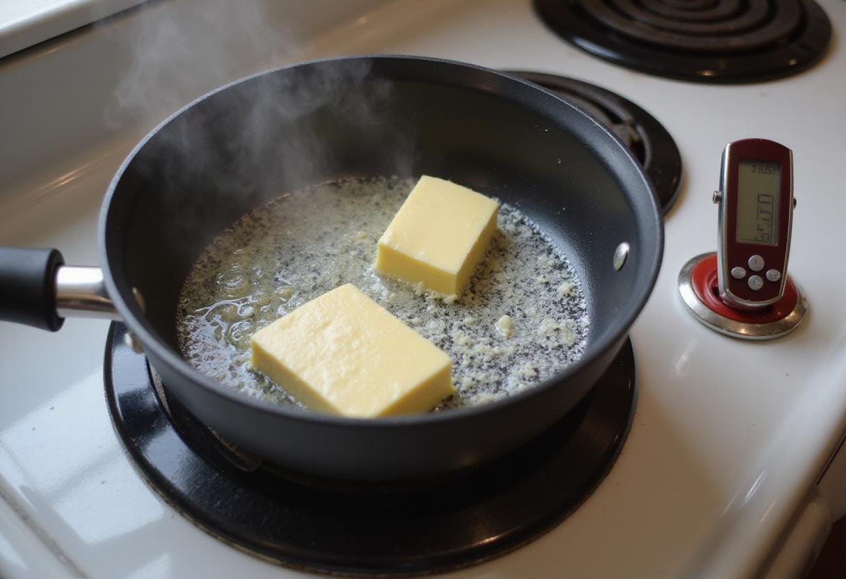 Melted butter in a saucepan for making The Office Scrambled Eggs, showcasing the ideal cooking technique.