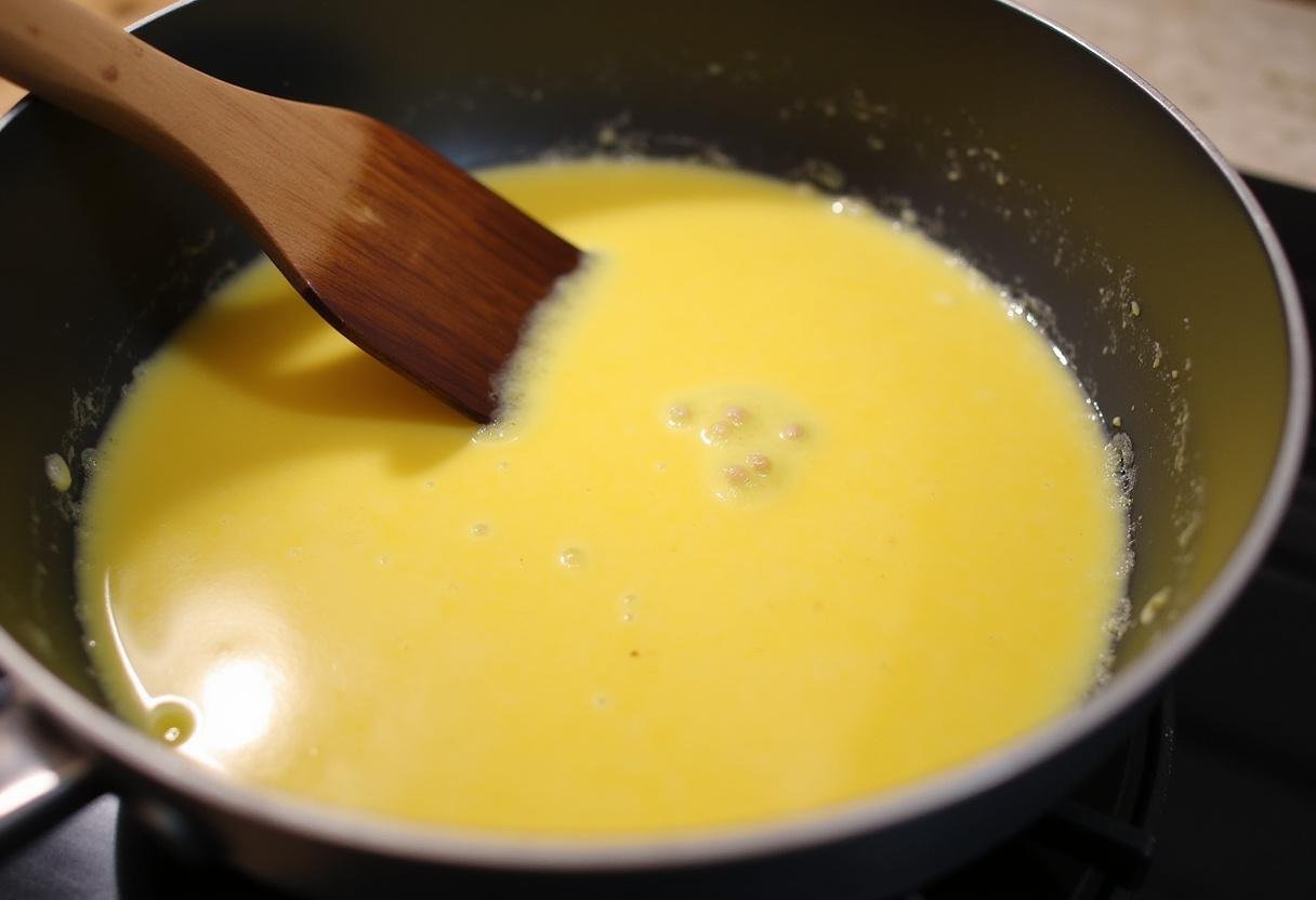 Cooking eggs in a saucepan for The Office Scrambled Eggs, highlighting the technique of soft, creamy scrambled eggs.