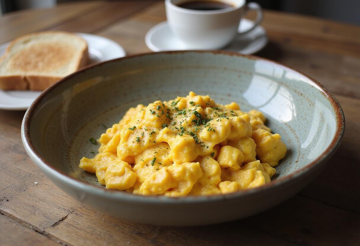 Delicious scrambled eggs ready to serve as part of The Office Scrambled Eggs recipe, complemented by toast and coffee.