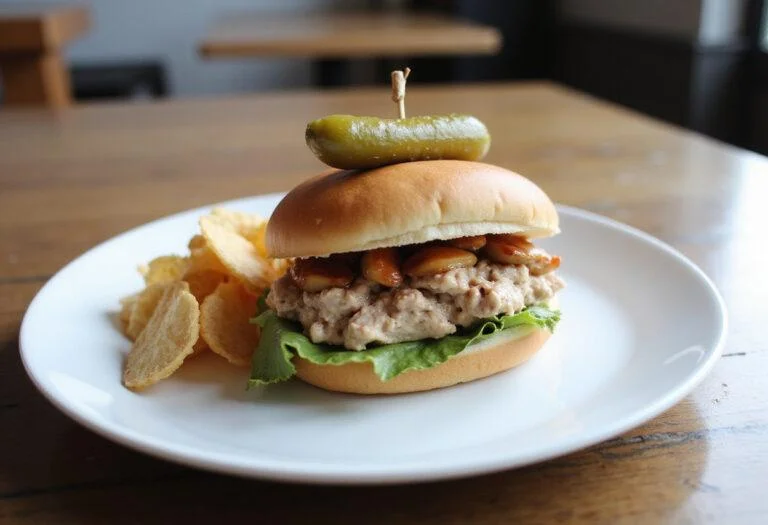 The Office Tuna Sandwich elegantly presented on a white plate with chips and a pickle, showcasing a delicious and healthy meal perfect for lunch.