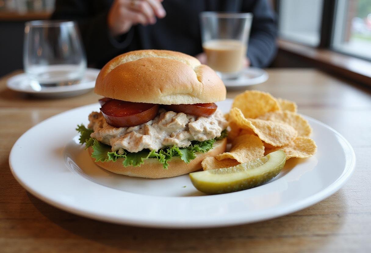 The Office Tuna Sandwich elegantly presented on a white plate with chips and a pickle, showcasing a delicious and healthy meal perfect for lunch.