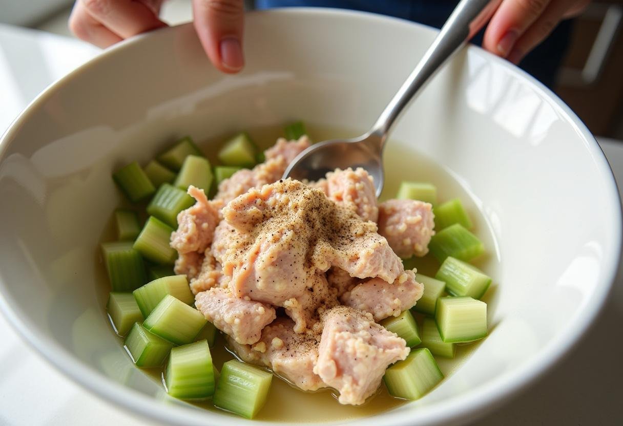 Delicious fresh tuna salad being prepared for The Office Tuna Sandwich with ingredients like canned tuna, mayonnaise and celery in a modern kitchen.