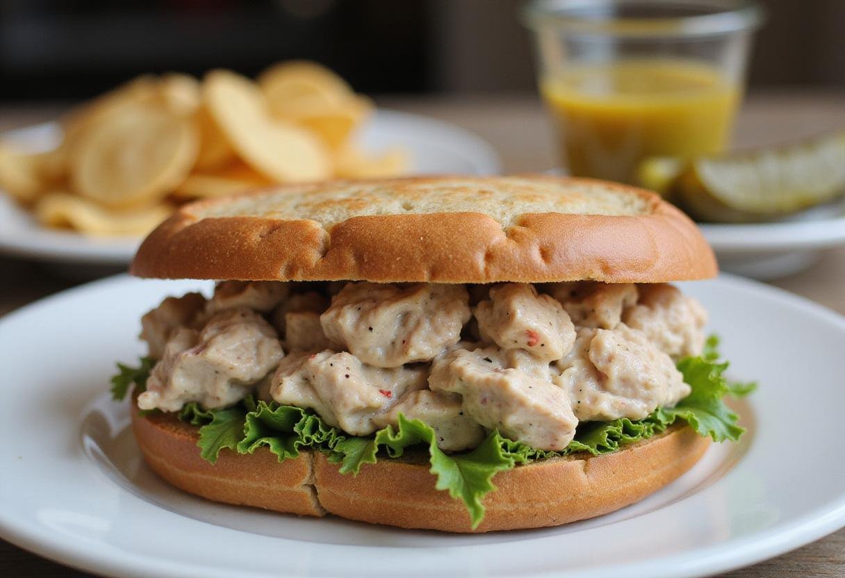 A delicious The Office Tuna Sandwich being assembled with whole grain bread and tuna mixture, ready to be sliced, served with chips and pickles on the side.