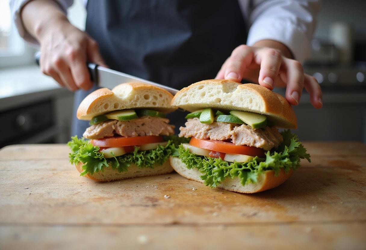 Perfectly sliced The Office Tuna Sandwich revealing delicious tuna filling and fresh veggies, being prepared in a bright kitchen environment.