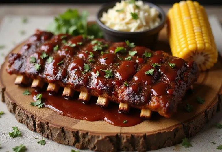 Serving the delicious The Simpsons BBQ Ribs, rich in flavor and beautifully garnished for a perfect meal.