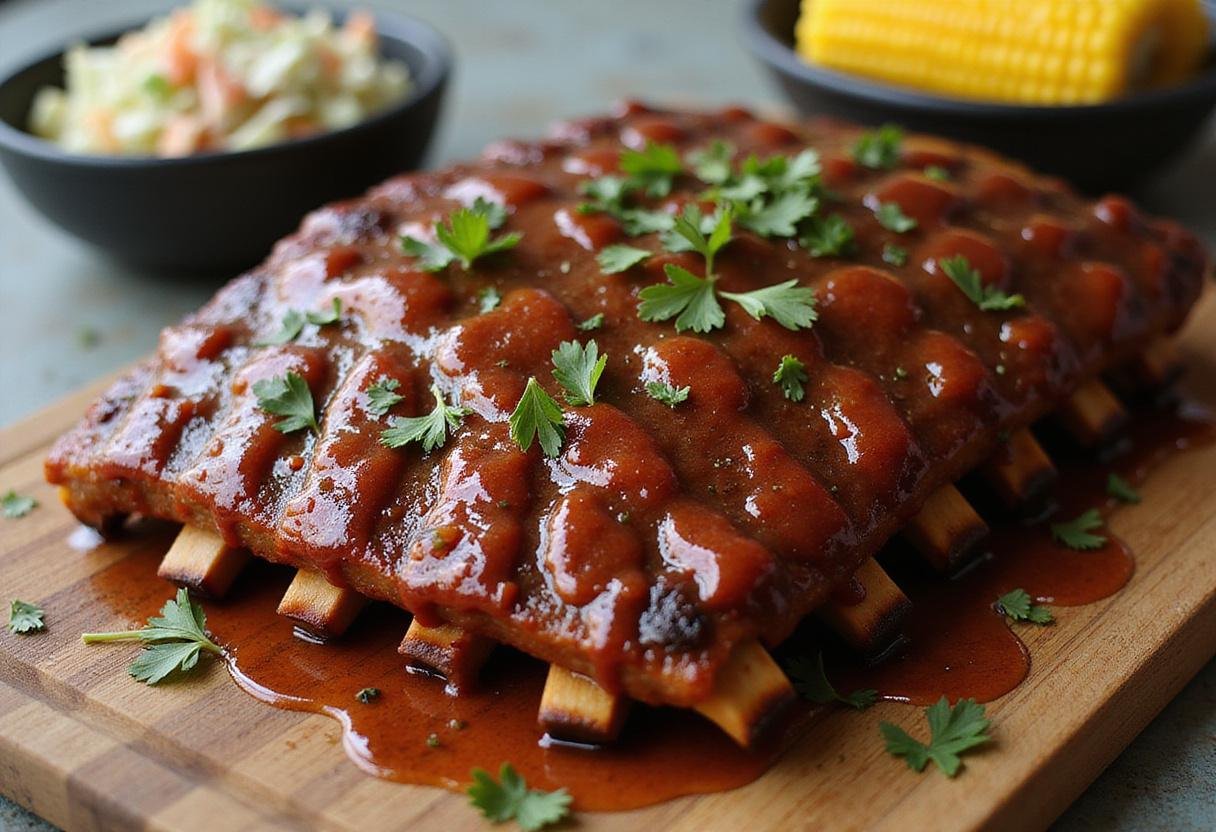 Serving the delicious The Simpsons BBQ Ribs, rich in flavor and beautifully garnished for a perfect meal.