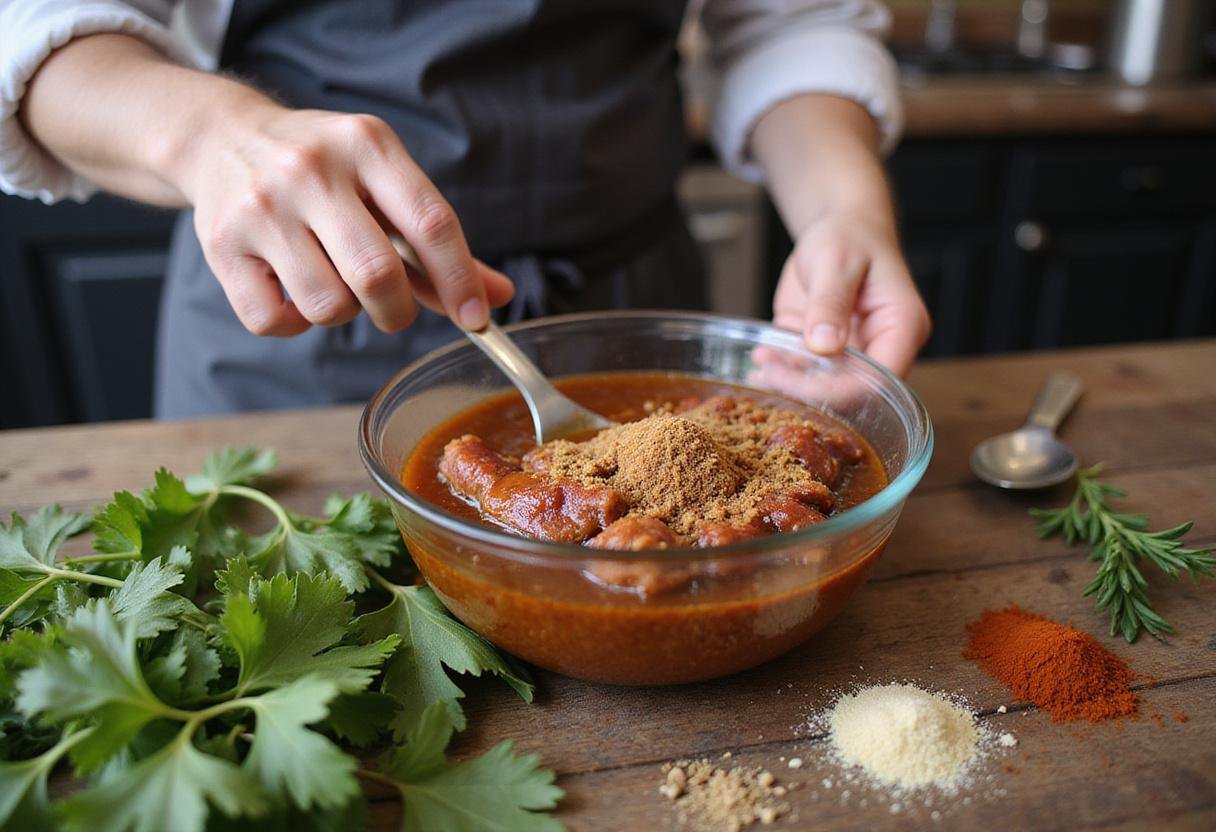 Preparing a flavorful marinade for The Simpsons BBQ Ribs with essential spices and fresh herbs.