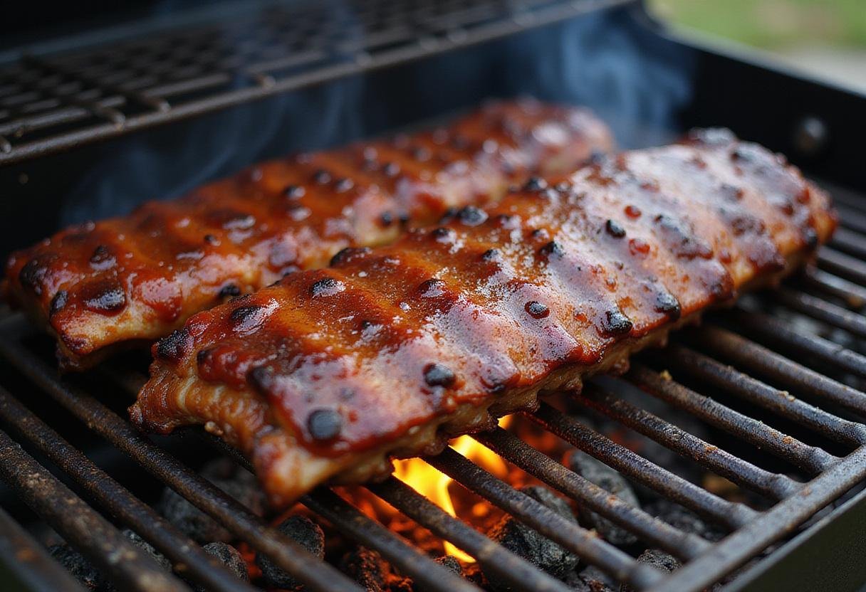 Grilling pork ribs for The Simpsons BBQ Ribs, capturing the delicious cooking process with smoky flavors.