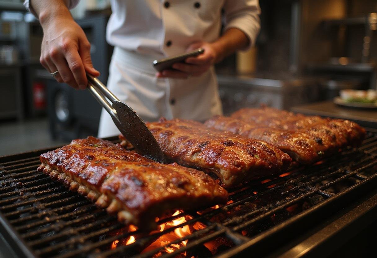 Flipping BBQ ribs on the grill to achieve perfect char and smoky goodness for The Simpsons BBQ Ribs.