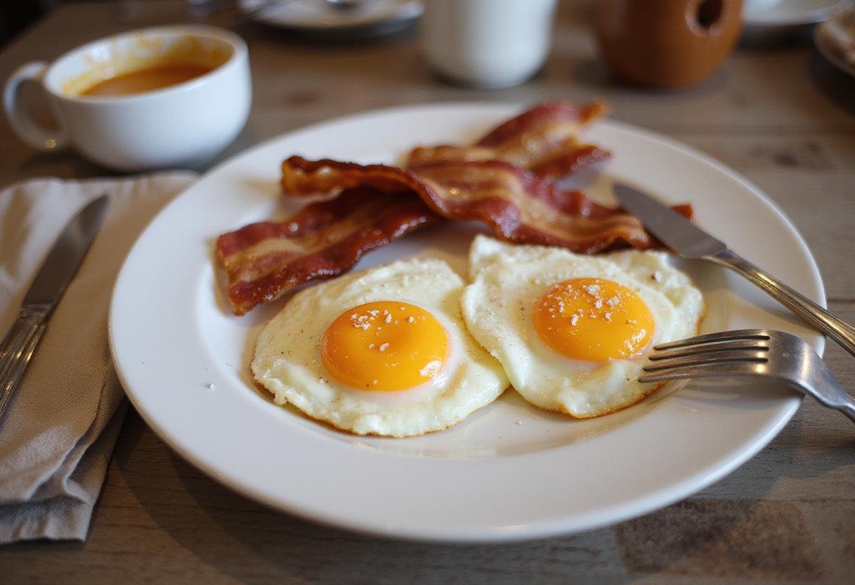 Final presentation of The Simpsons Bacon and Eggs, showcasing a mouthwatering plate of breakfast bacon and eggs ready to be served.