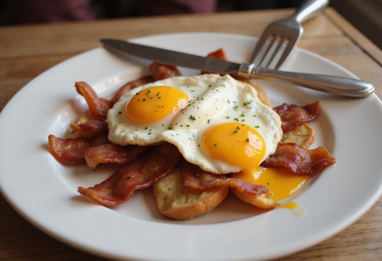 Final presentation of The Simpsons Bacon and Eggs, showcasing a mouthwatering plate of breakfast bacon and eggs ready to be served.