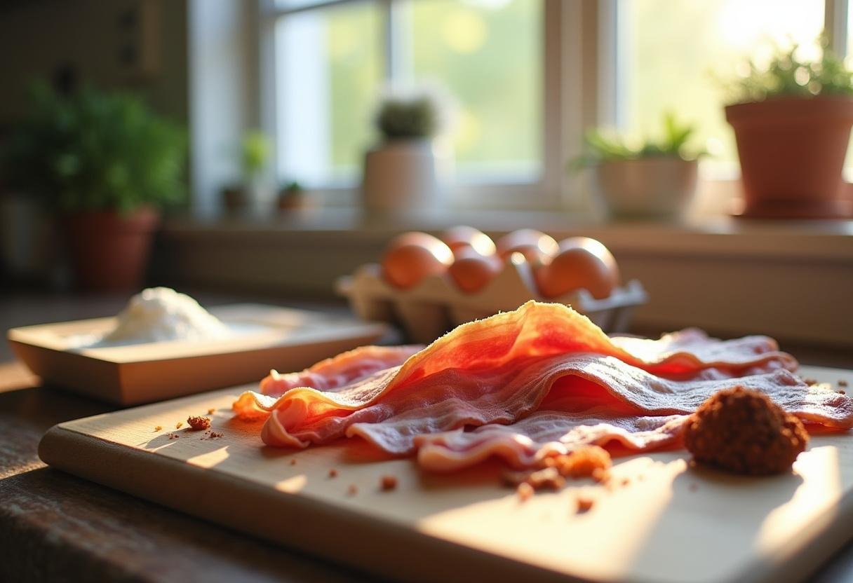 A classic breakfast setup with bacon and fresh eggs on a countertop, ideal for The Simpsons Bacon and Eggs recipe.