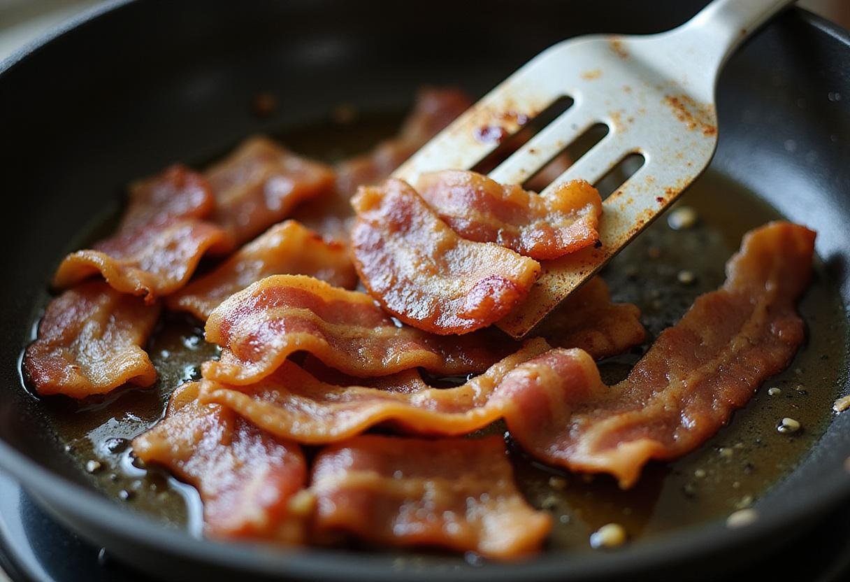 Delicious crispy bacon frying in a pan, perfect for a hearty breakfast like The Simpsons Bacon and Eggs.