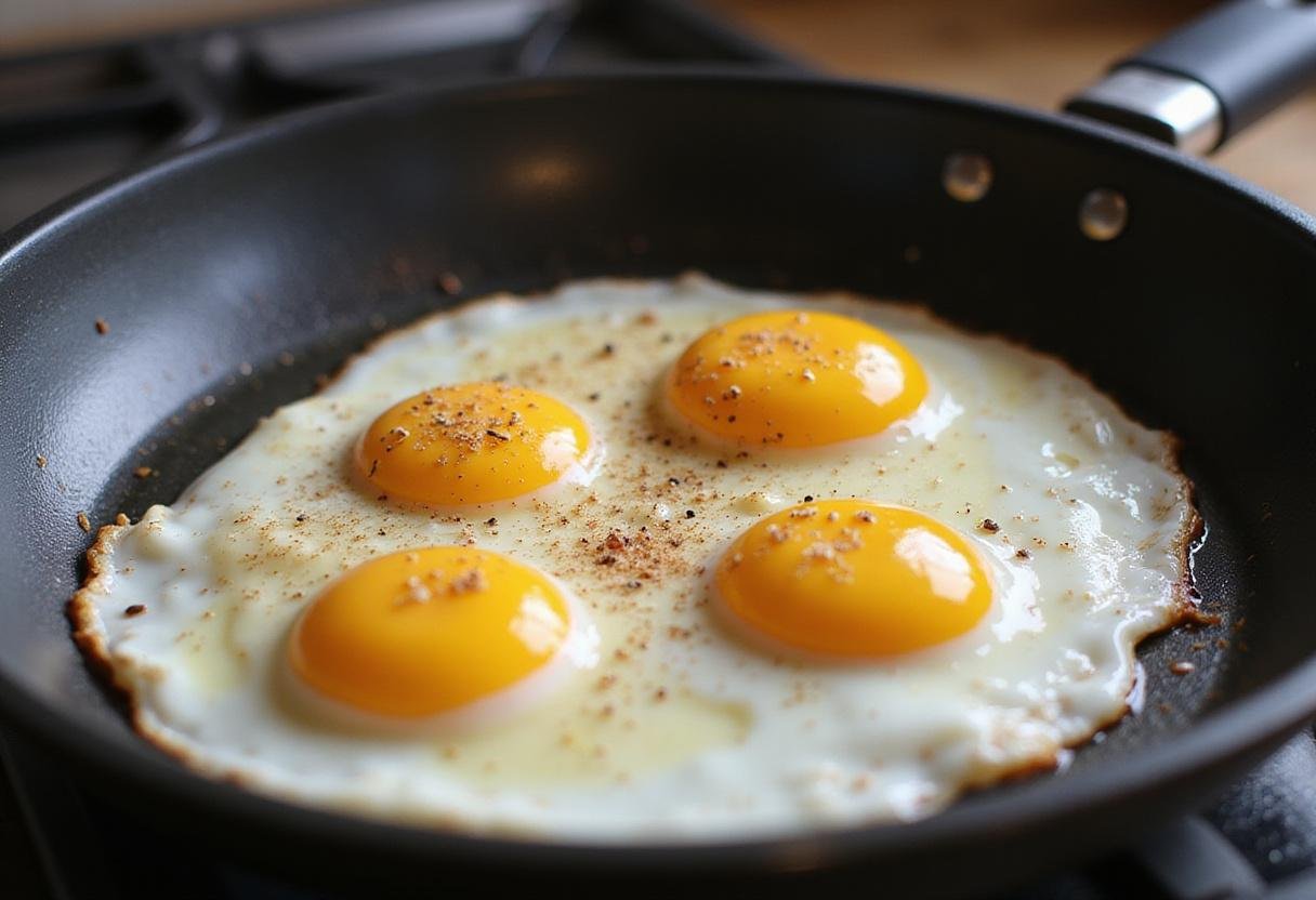 Perfectly cooked sunny side up eggs in a frying pan, complementing the classic recipe for The Simpsons Bacon and Eggs.