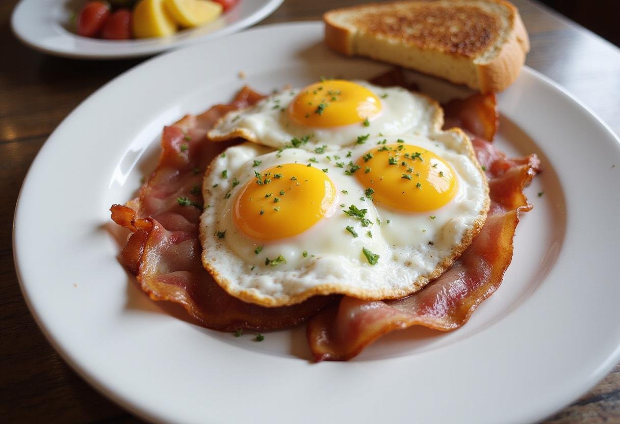 A gorgeous breakfast plate with bacon, sunny side up eggs, and toast for a delightful serving of The Simpsons Bacon and Eggs.