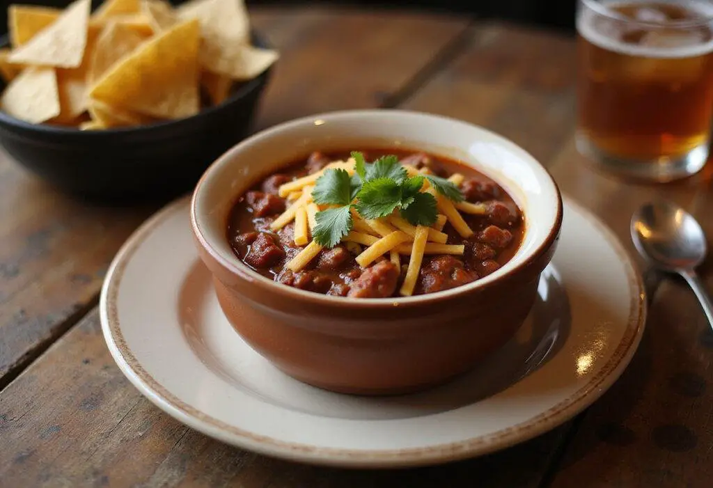 Final presentation of The Simpsons Chili Cook-Off Chili, served in a bowl with toppings, perfect for a cozy gathering.
