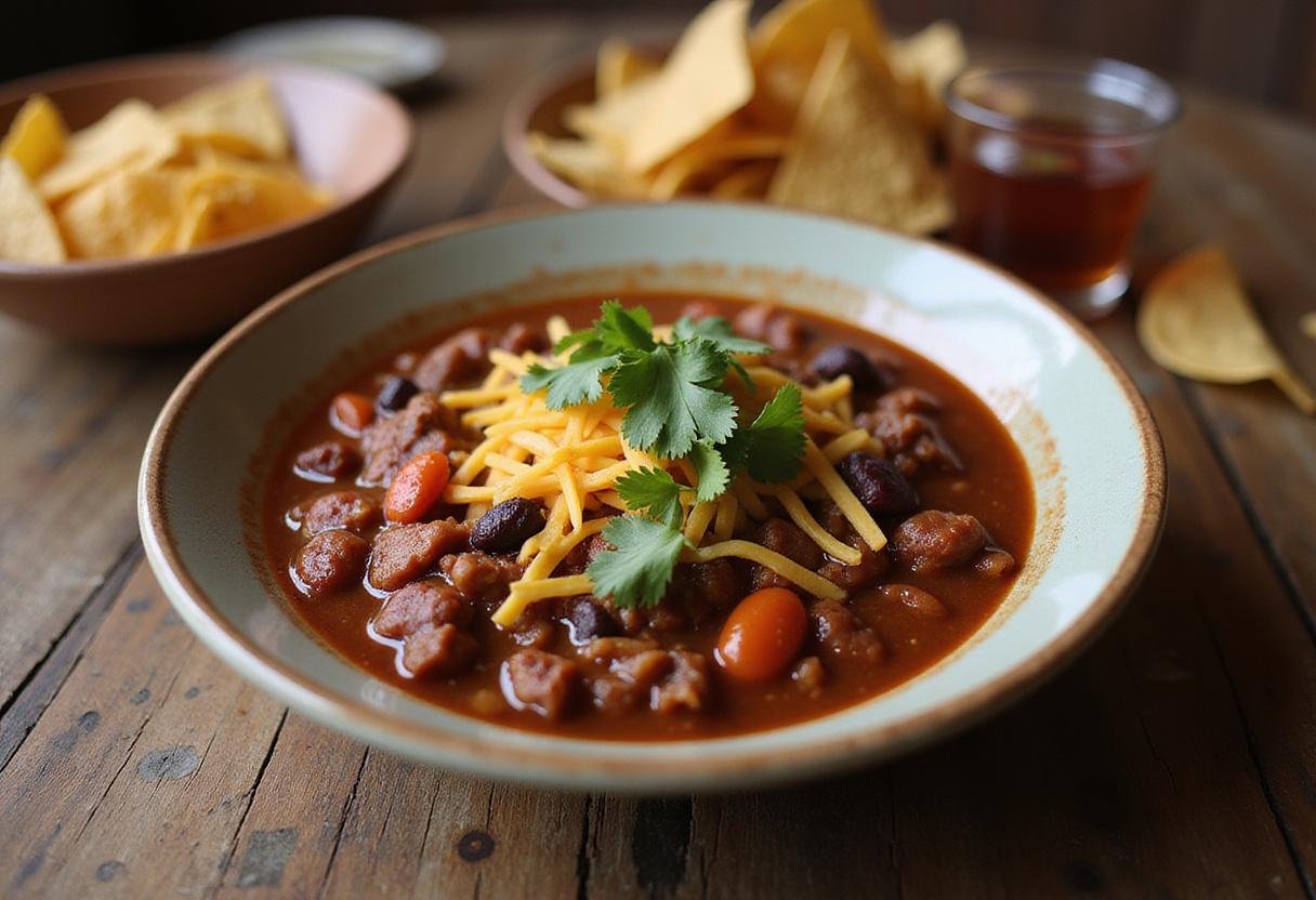 Final presentation of The Simpsons Chili Cook-Off Chili, served in a bowl with toppings, perfect for a cozy gathering. A perfect example of tasty options!