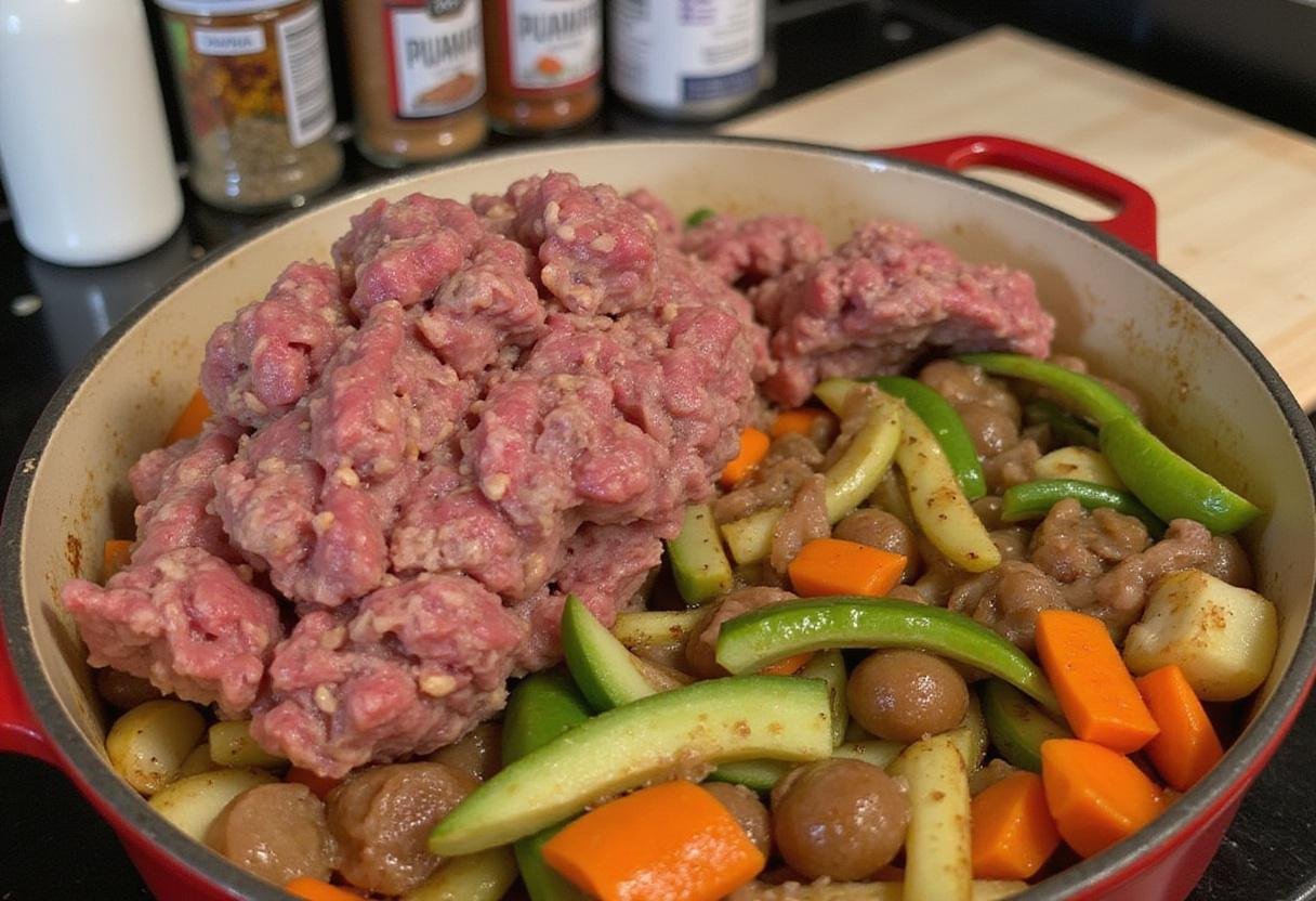 Adding ground beef to the pot for The Simpsons Chili Cook-Off Chili, combining flavors for a savory dish.