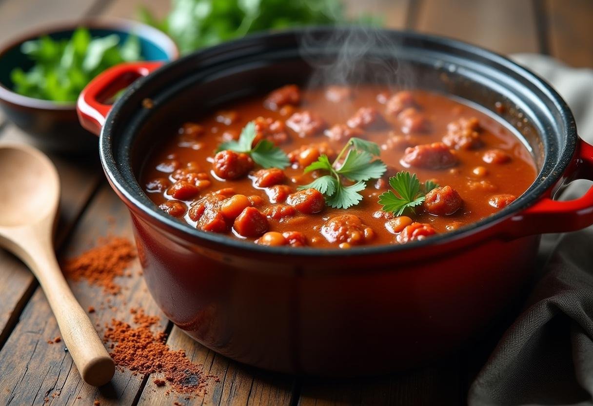 Simmering chili stew in the pot for The Simpsons Chili Cook-Off Chili, infused with incredible flavors and ready to be served.